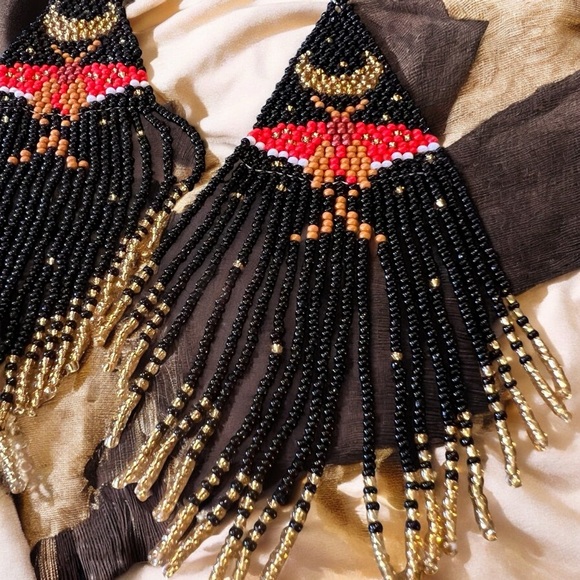 Bold Black Gold Silver Red Handmade Boho Witchy Beaded Earrings w/beaded fringe - Picture 8 of 16